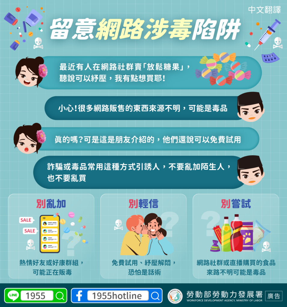 移工宣導｜留意網路涉毒陷阱-多國語示意圖