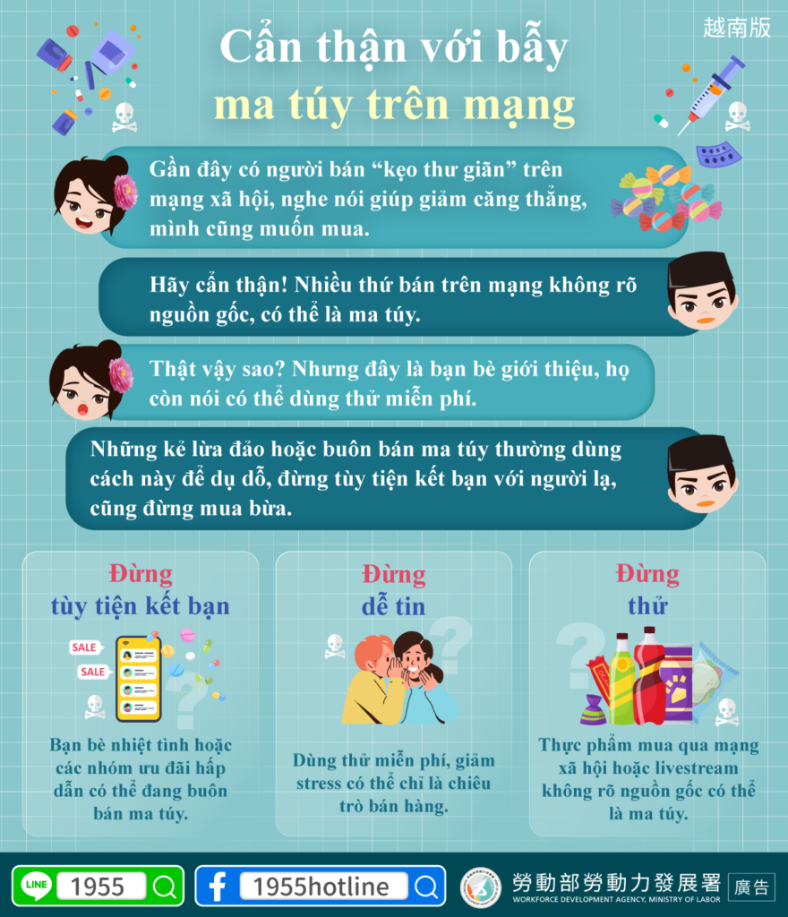 移工宣導｜留意網路涉毒陷阱-多國語示意圖