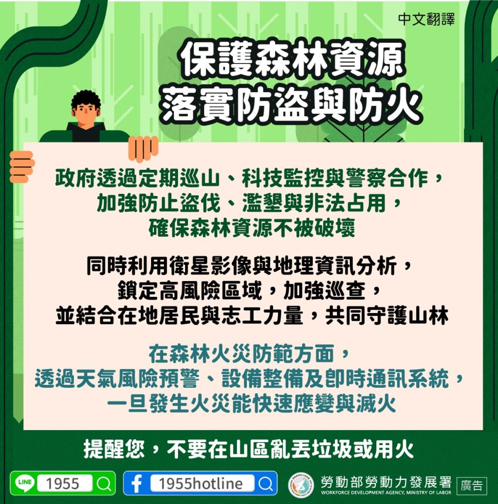 移工宣導｜保護森林資源 落實防盜與防火-多國語示意圖