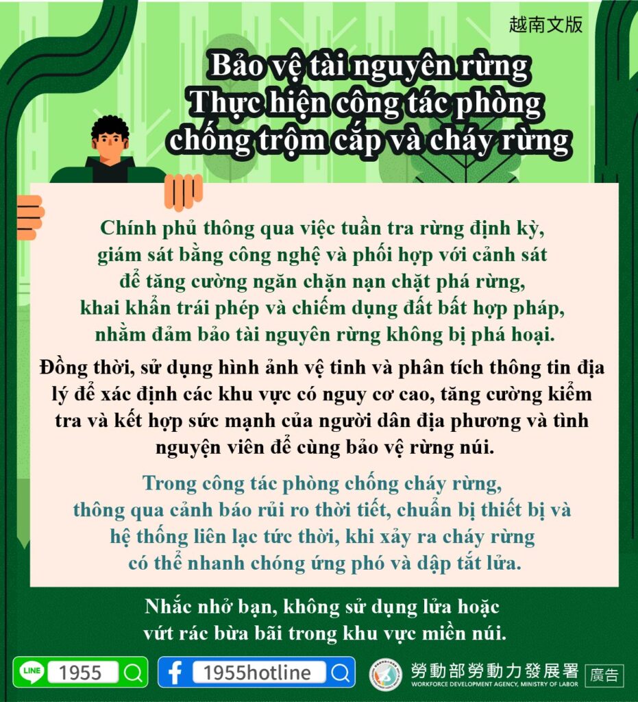 移工宣導｜保護森林資源 落實防盜與防火-多國語示意圖