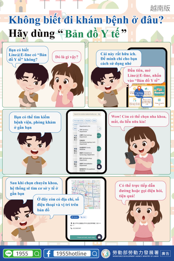 移工宣導｜不知道去哪看醫生？用「就醫地圖」就對了-多國語示意圖