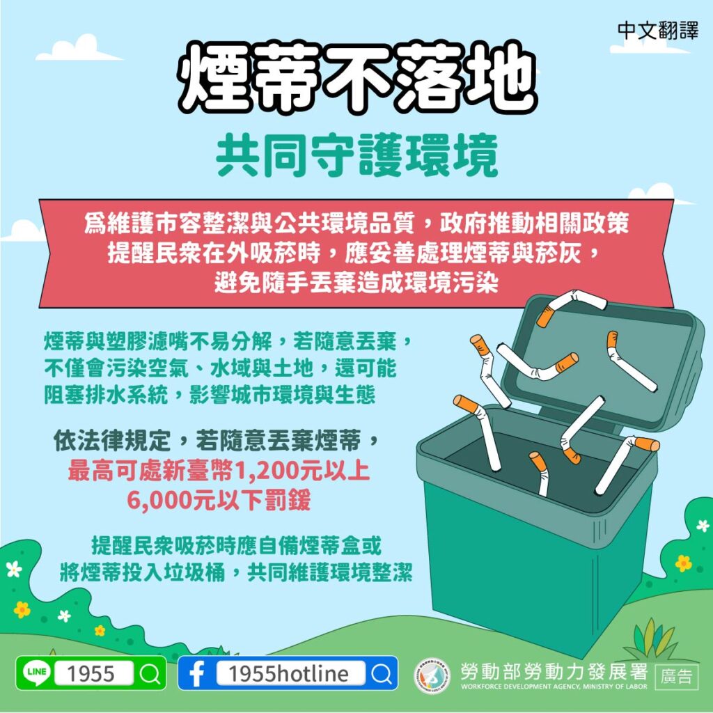 移工宣導｜煙蒂不落地，共同守護環境-多國語示意圖