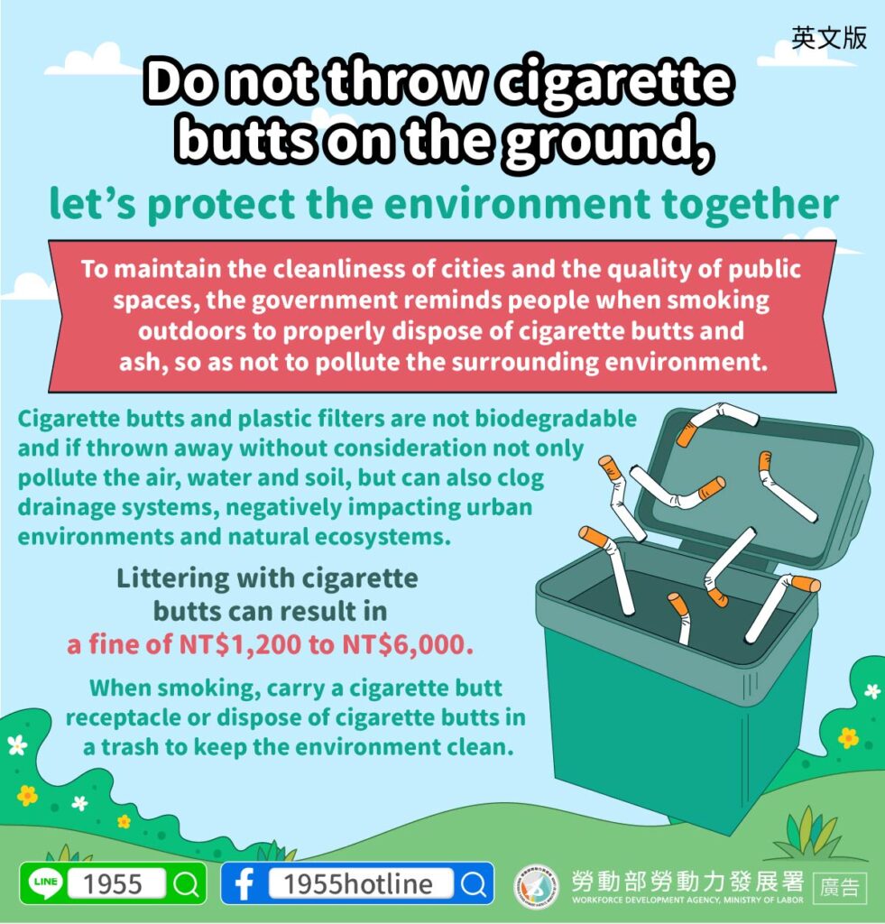 移工宣導｜煙蒂不落地，共同守護環境-多國語示意圖