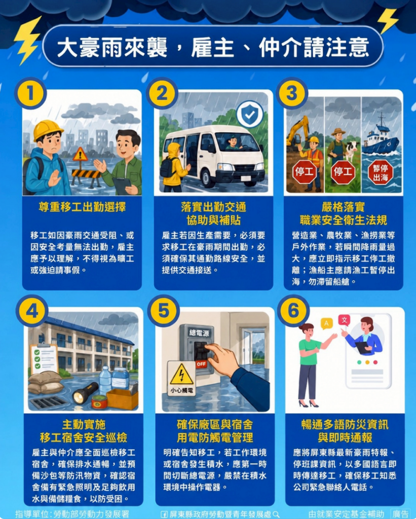 移工宣導｜大豪雨來襲，雇主、仲介請注意-多國語示意圖