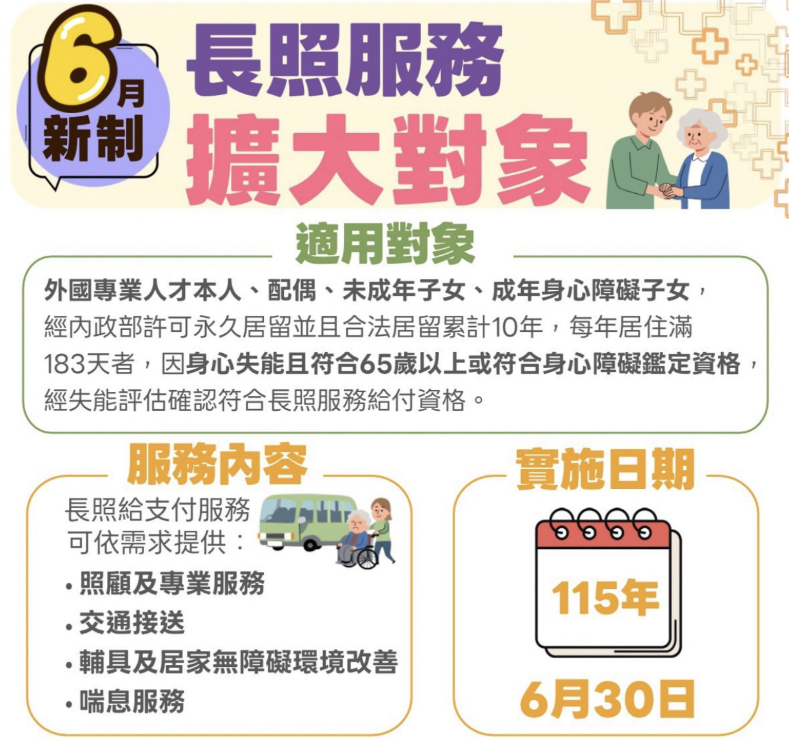 長照服務|配合法規修正 落實延攬國際人才政策 外國專業人才與眷屬 6/30 納入長照對象 長照服務|配合法規修正 落實延攬國際人才政策 外國專業人才與眷屬 6/30 納入長照對象示意圖