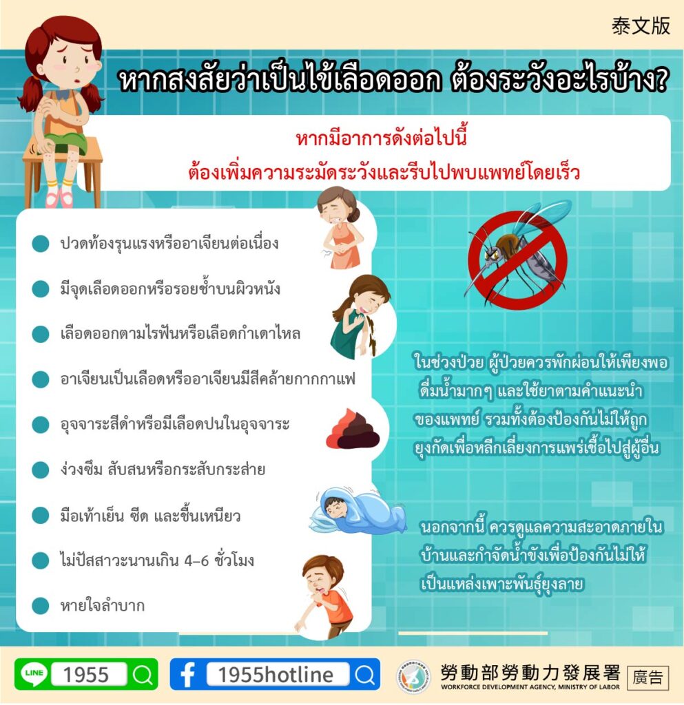 移工宣導｜疑似登革熱要注意什麼？-多國語示意圖