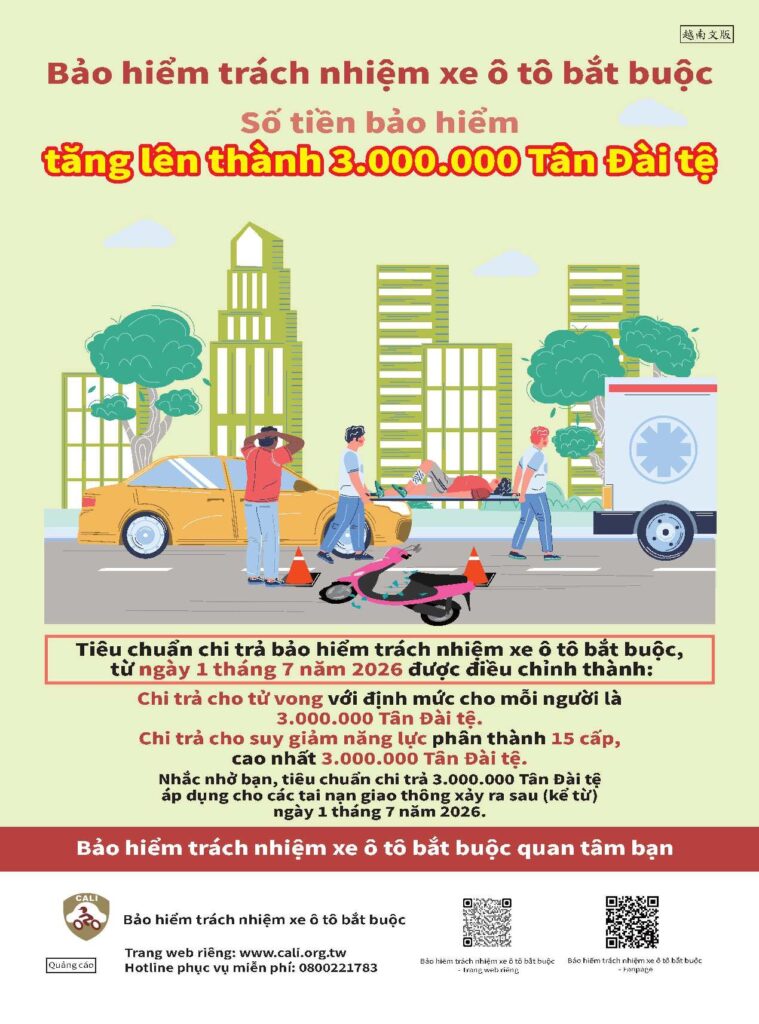 移工宣導｜強制汽車責任保險保險金金額提高至300萬元-多國語示意圖