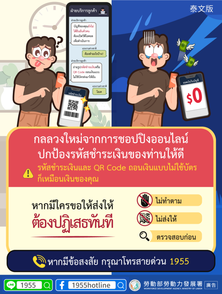 移工宣導｜網購新型態詐騙-保護好您的付款碼-多國語示意圖
