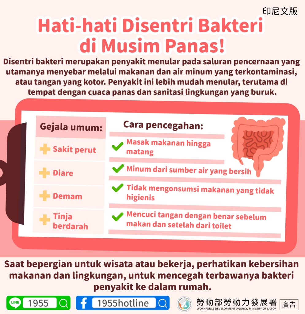 移工宣導｜夏天小心桿菌性痢疾！-多國語示意圖