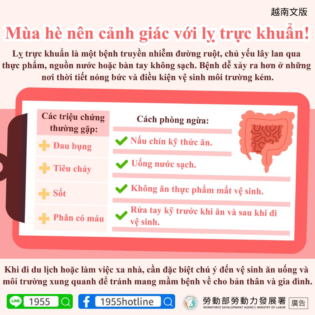 移工宣導｜夏天小心桿菌性痢疾！-多國語示意圖