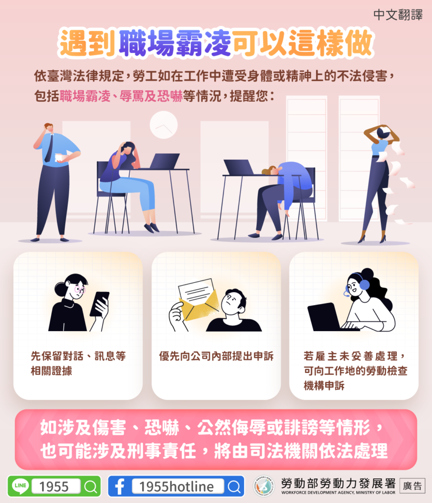 移工宣導｜遇到職場霸凌可以這樣做-多國語示意圖