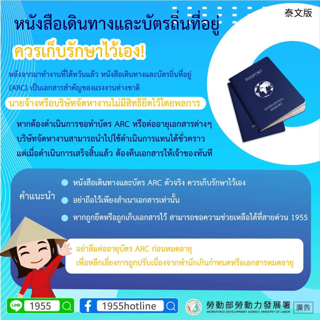 移工宣導｜護照及居留證請自己保管！-多國語示意圖
