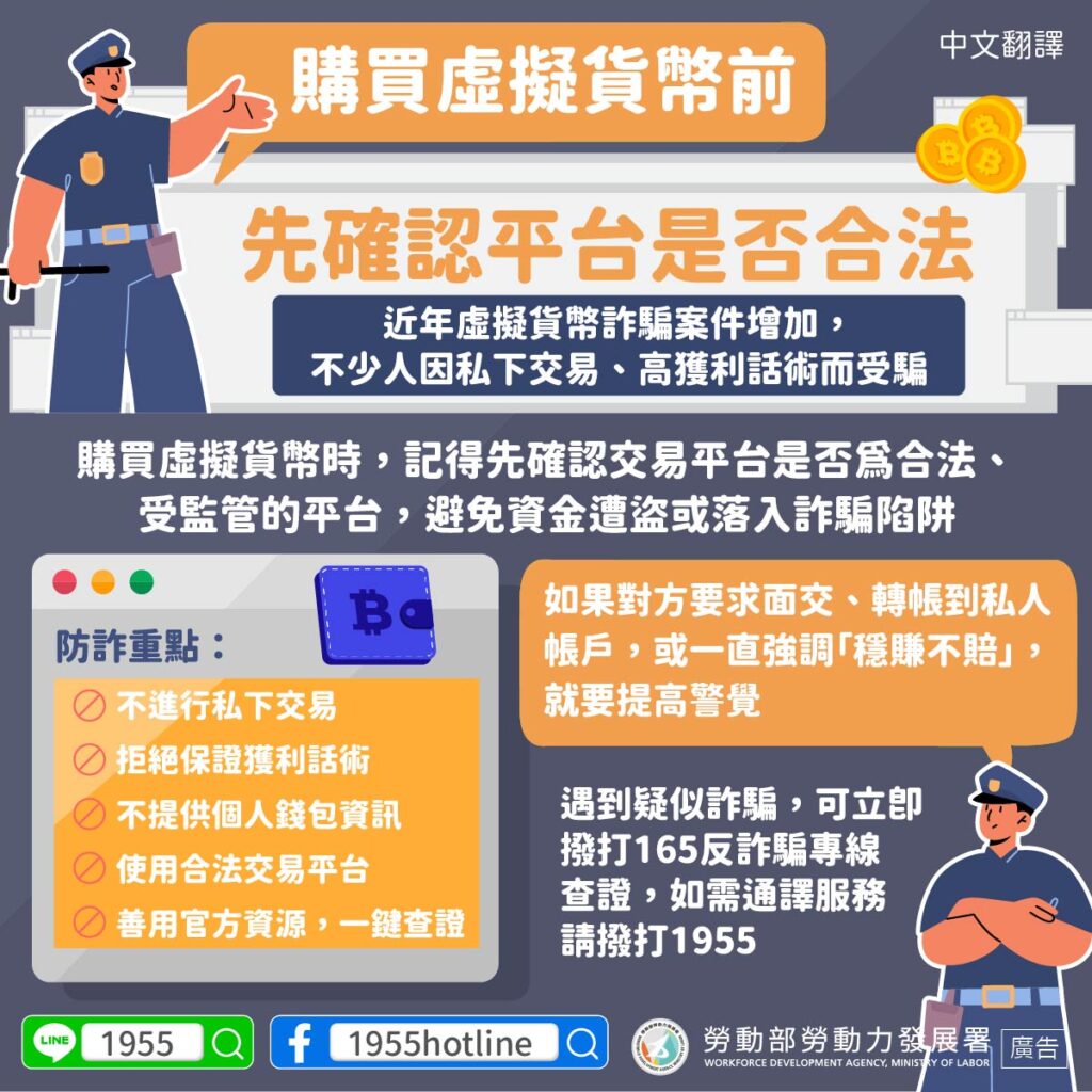 移工宣導｜購買虛擬貨幣前，先確認平台是否合法-多國語示意圖