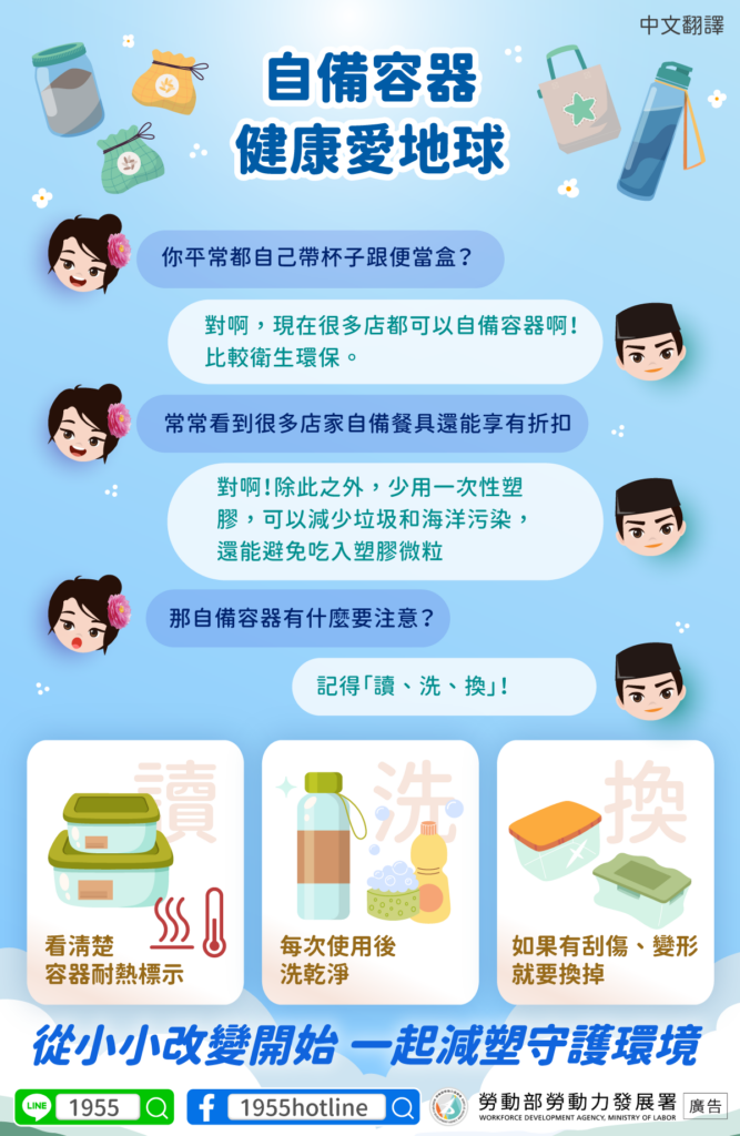 移工宣導｜自備容器 - 健康愛地球-多國語示意圖