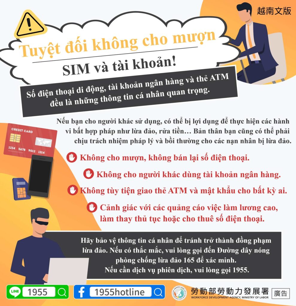 移工管理｜SIM卡及帳戶不要借給別人！-多國語示意圖