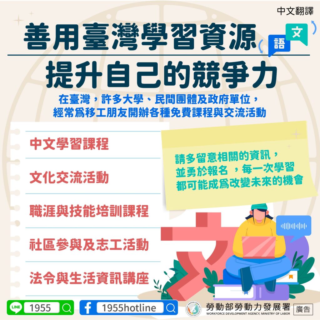 移工宣導｜善用臺灣學習資源，提升自己的競爭力-多國語示意圖