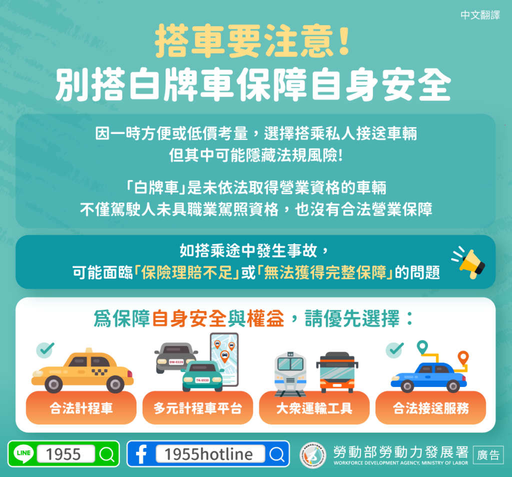 移工宣導｜搭車要注意！別搭白牌車保障自身安全-多國語示意圖