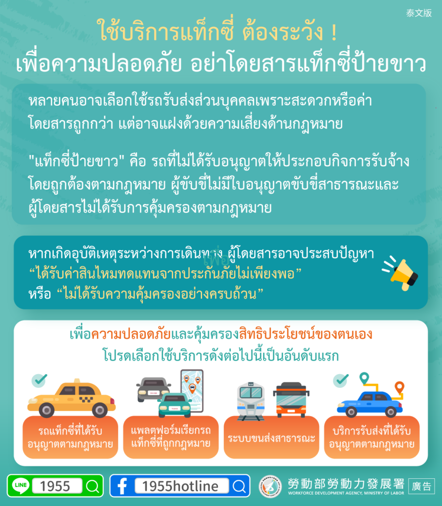 移工宣導｜搭車要注意！別搭白牌車保障自身安全-多國語示意圖