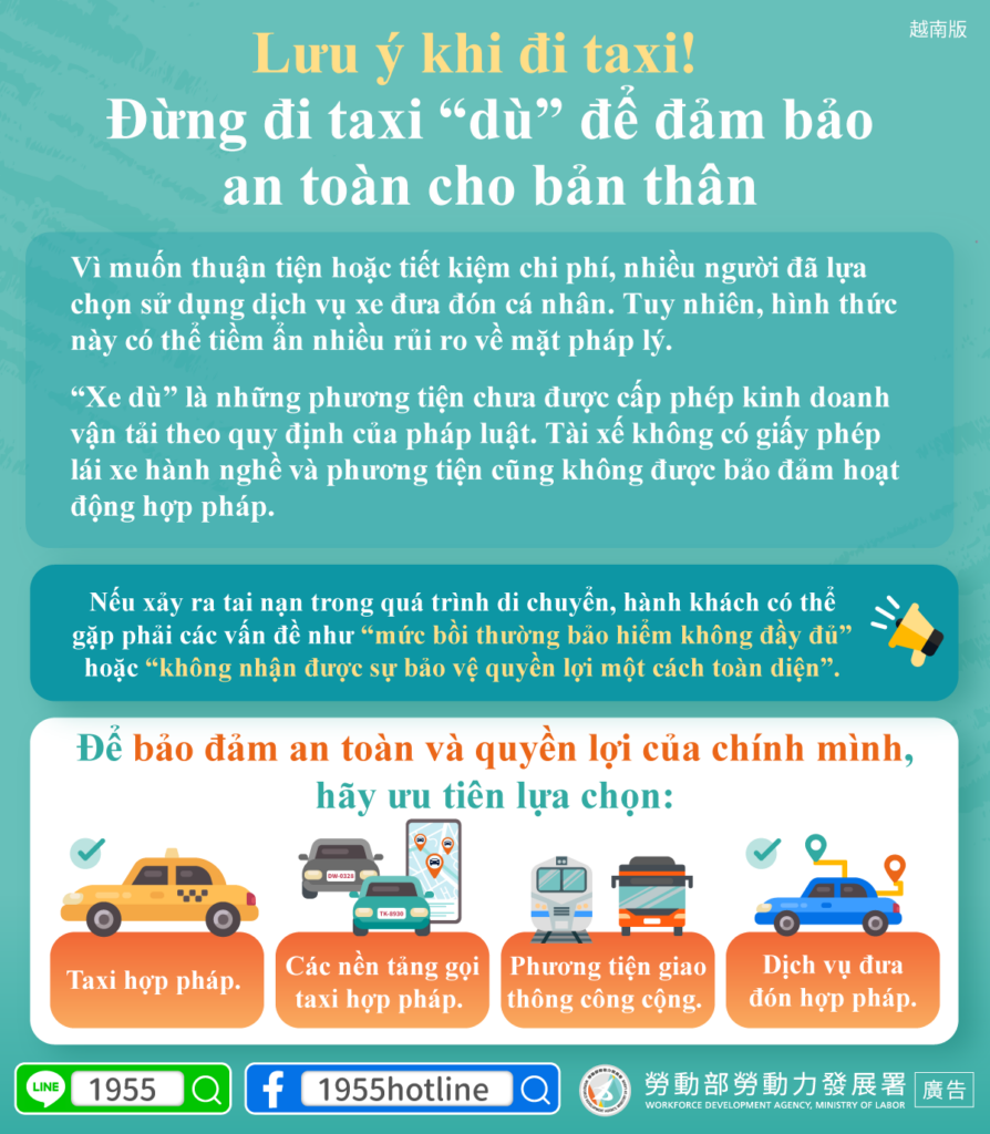 移工宣導｜搭車要注意！別搭白牌車保障自身安全-多國語示意圖
