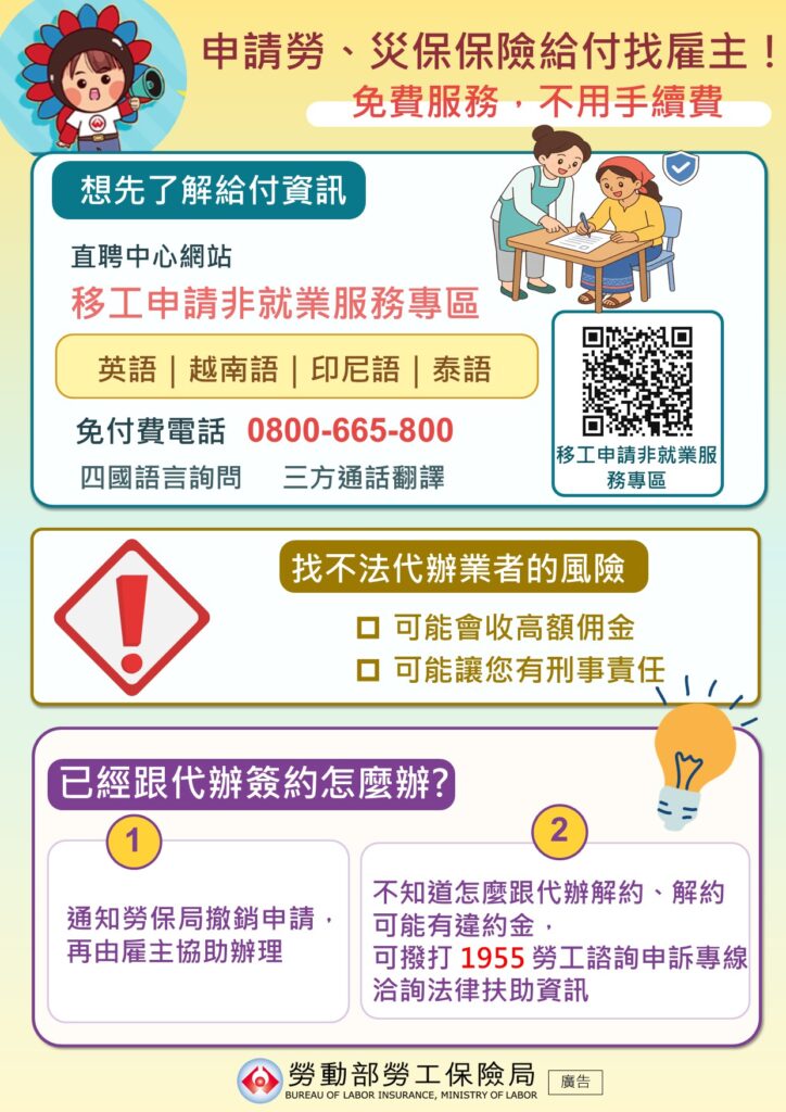 移工宣導｜申請勞、災保保險給付，不用找代辦業者-多國語示意圖