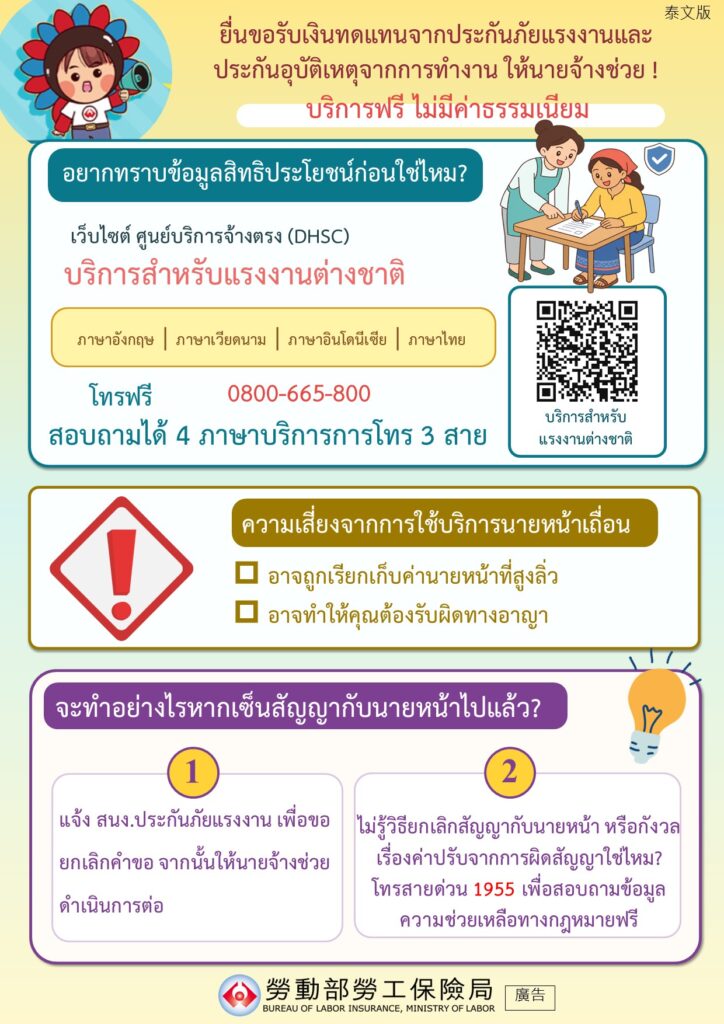 移工宣導｜申請勞、災保保險給付，不用找代辦業者-多國語示意圖