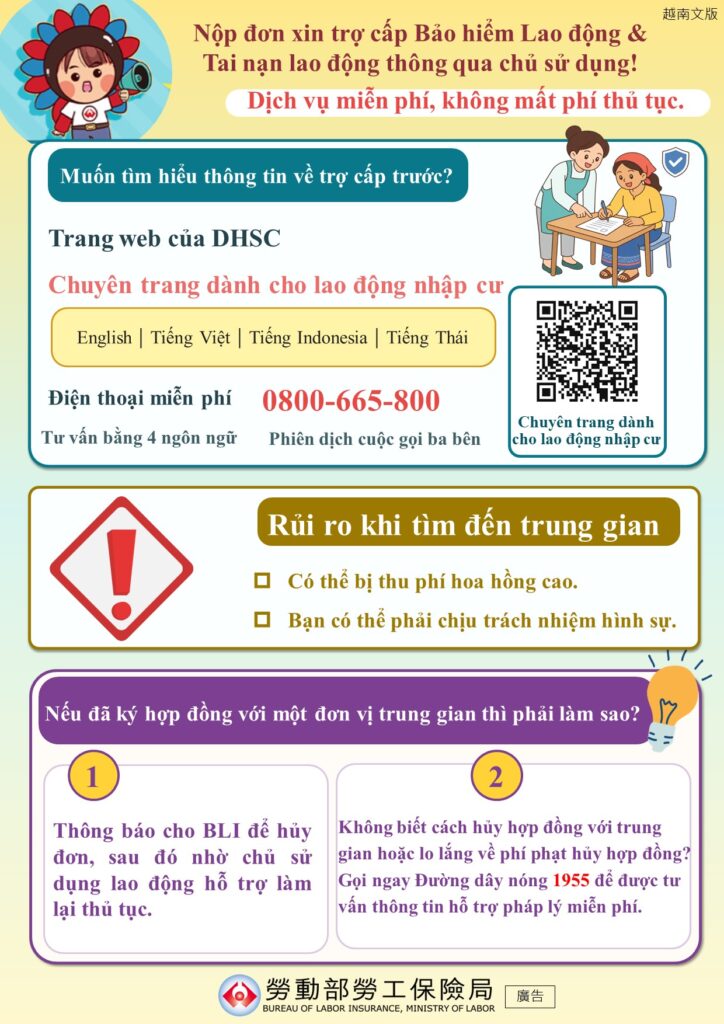 移工宣導｜申請勞、災保保險給付，不用找代辦業者-多國語示意圖