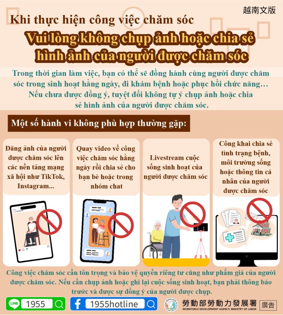 移工宣導｜執行照顧工作，請勿拍攝或分享被照顧者-多國語示意圖