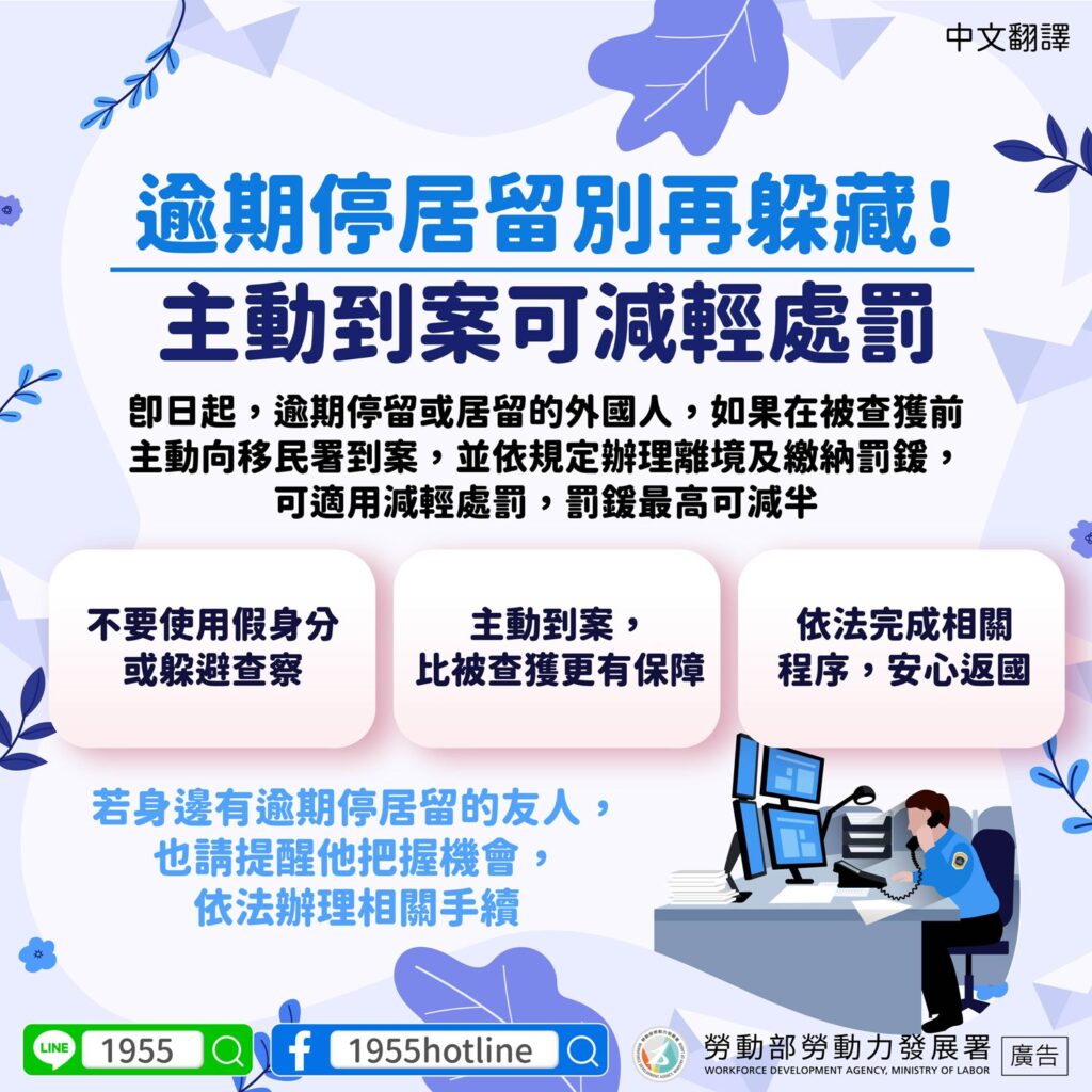 移工宣導｜逾期停居留別再躲藏！主動到案可減輕處罰-多國語示意圖