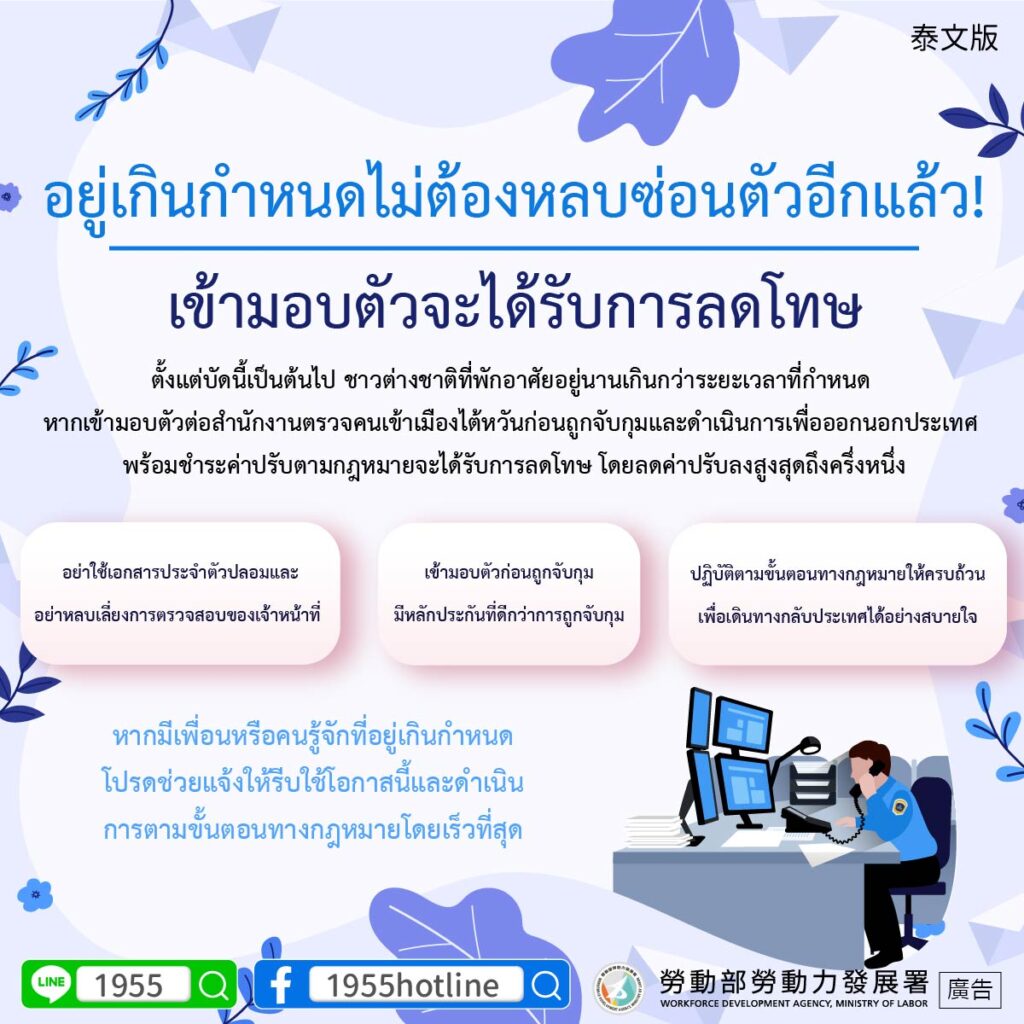 移工宣導｜逾期停居留別再躲藏！主動到案可減輕處罰-多國語示意圖