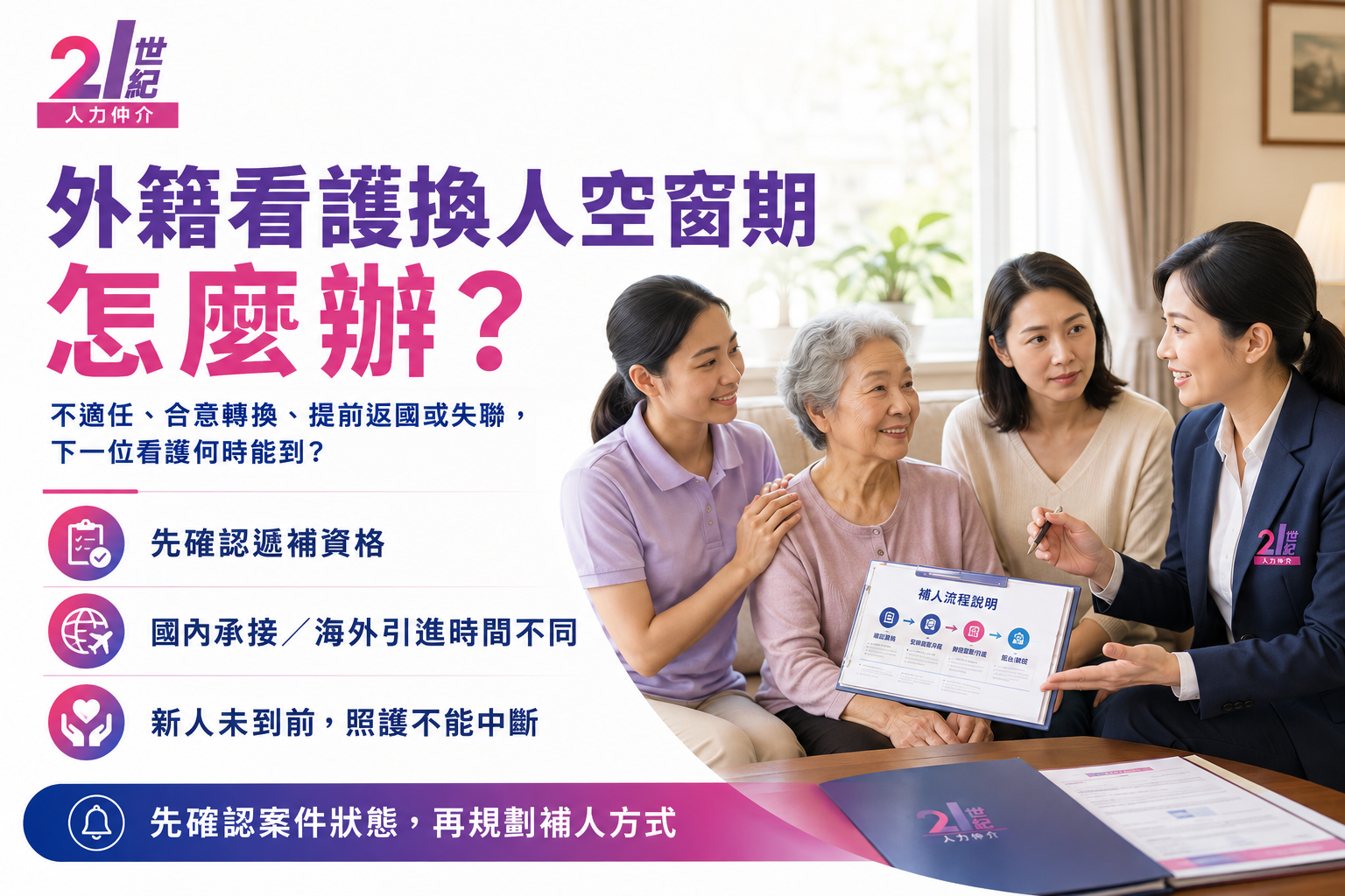 外籍看護換人空窗期怎麼辦？21世紀人力仲介協助遞補、承接、海外引進與臨時照護安排