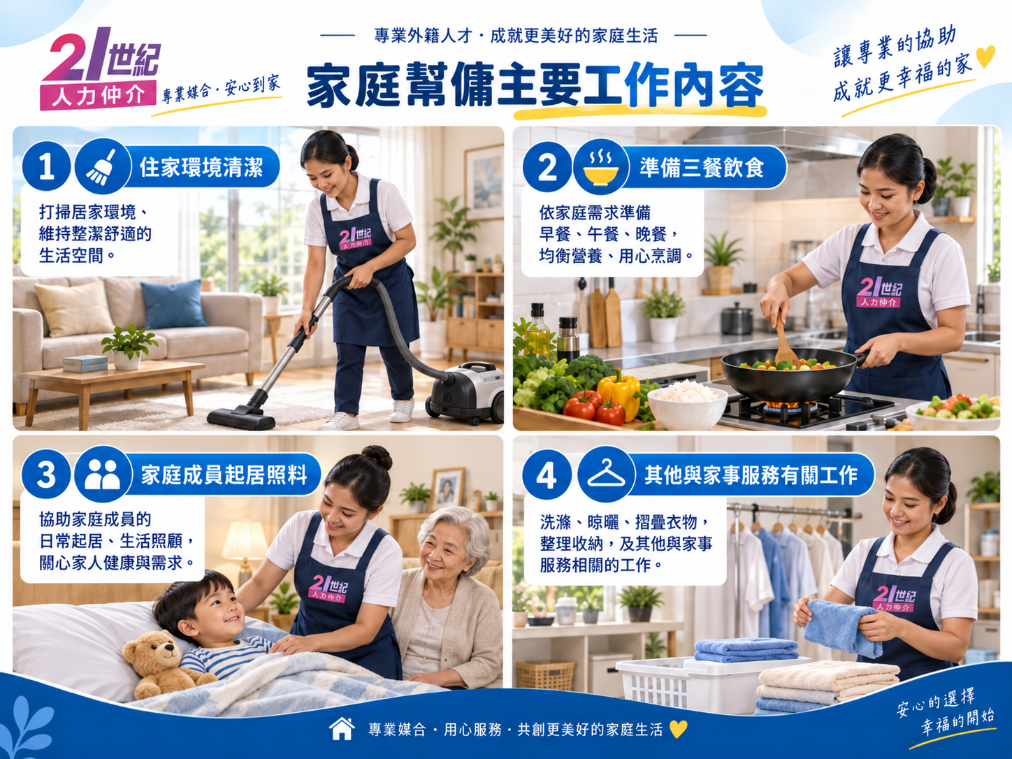 2026外籍家庭幫傭主要工作內容，包括住家環境清潔、準備三餐、家庭成員起居照料與其他家事服務